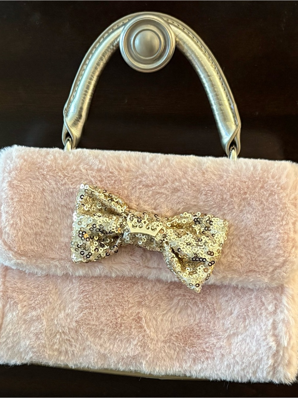 Disney Pink Faux Fur Kids Handbag with Gold Sequin Bow and Metallic Handle